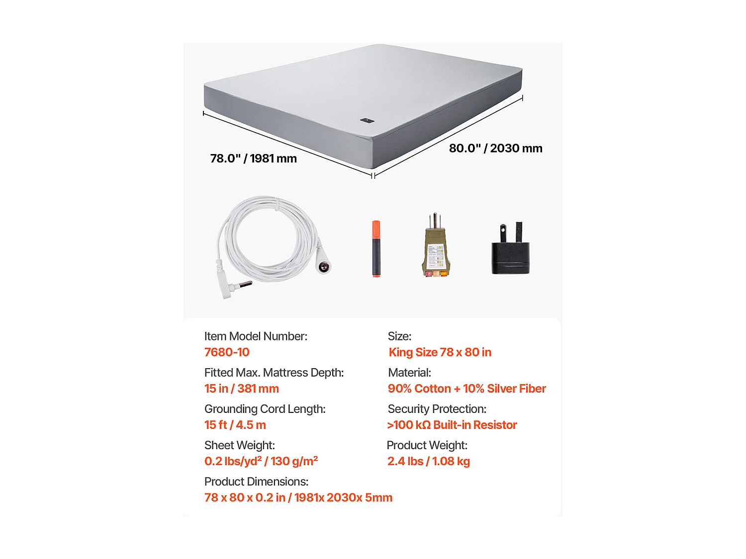 Bedsprei SucceBuy Aardingslakens - Kingsize, 90% Katoen + 10% Pure Zilvervezels Aardingslakens met Aardingskoord en Tester, Productgewicht 1,08 kg