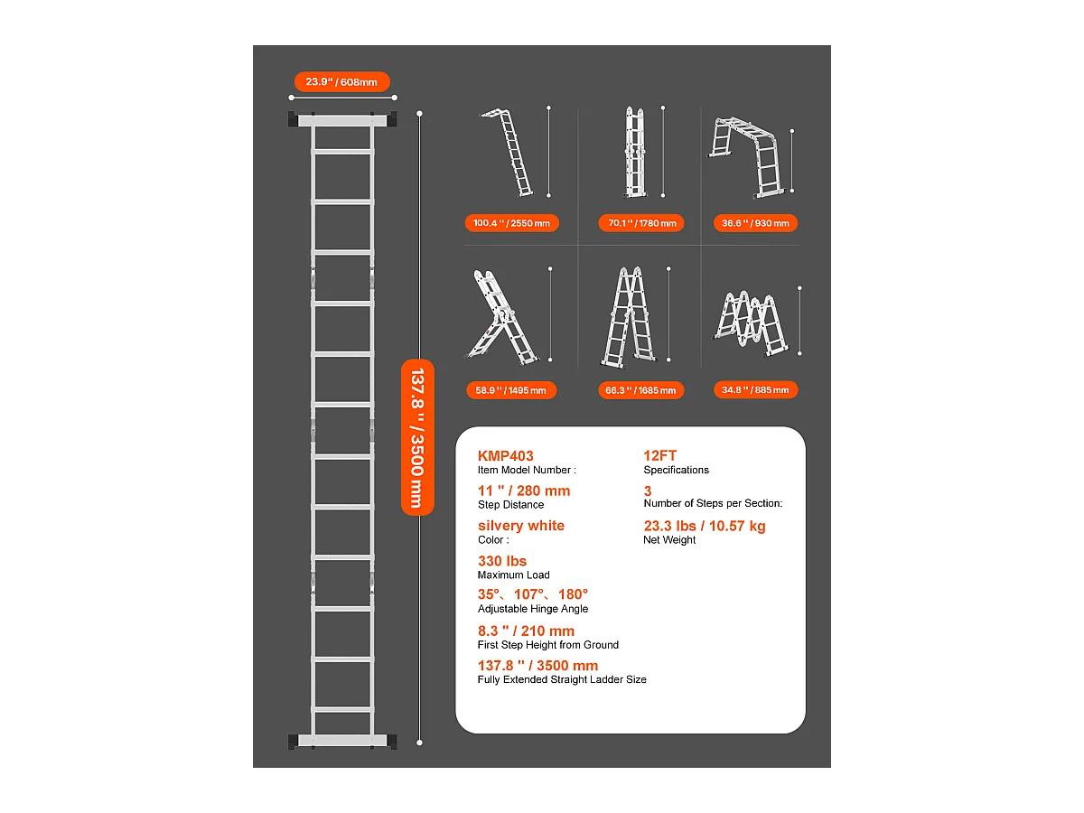 Échelle Pliante Polyvalente SucceBuy 7 en 1, 3 Marches, Hauteur de Portée de 3,5 m, pour le Travail