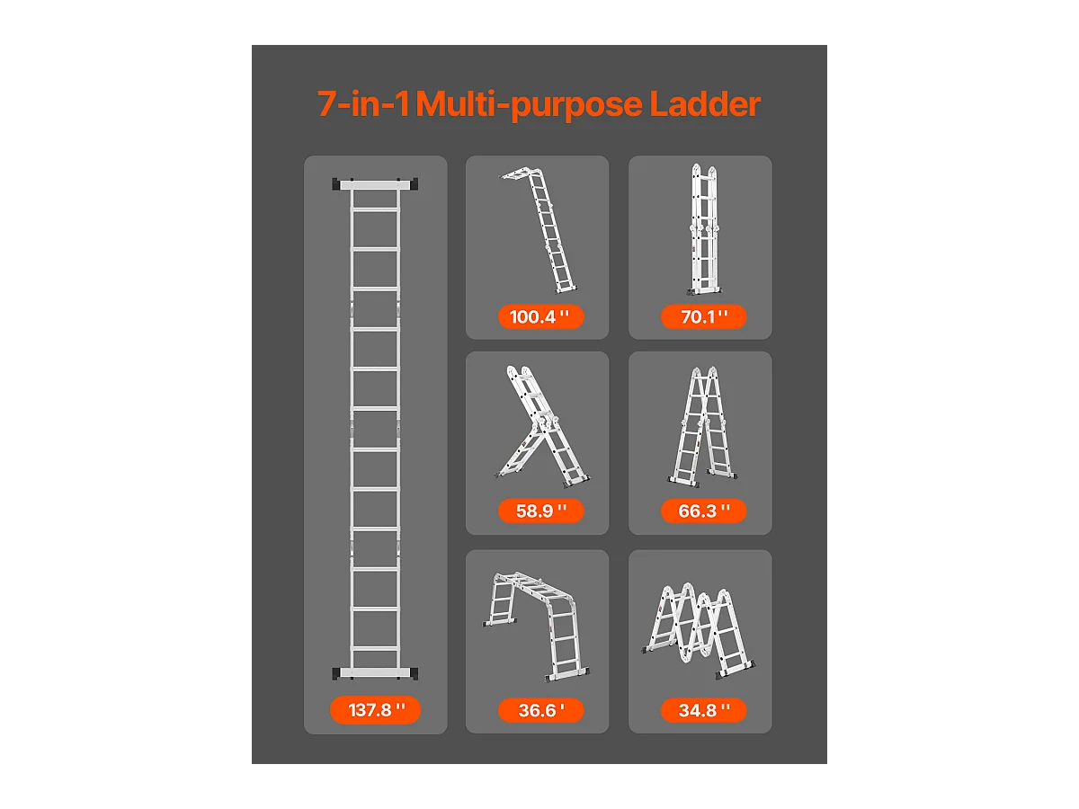 Échelle Pliante Polyvalente SucceBuy 7 en 1, 3 Marches, Hauteur de Portée de 3,5 m, pour le Travail