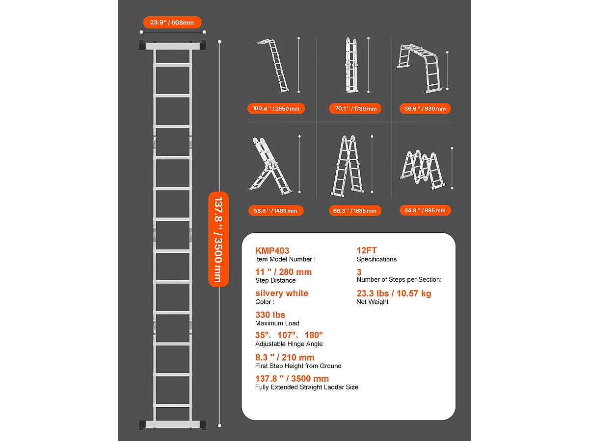 Échelle Pliante Polyvalente SucceBuy 7 en 1, 3 Marches, Hauteur de Portée de 3,5 m, pour le Travail
