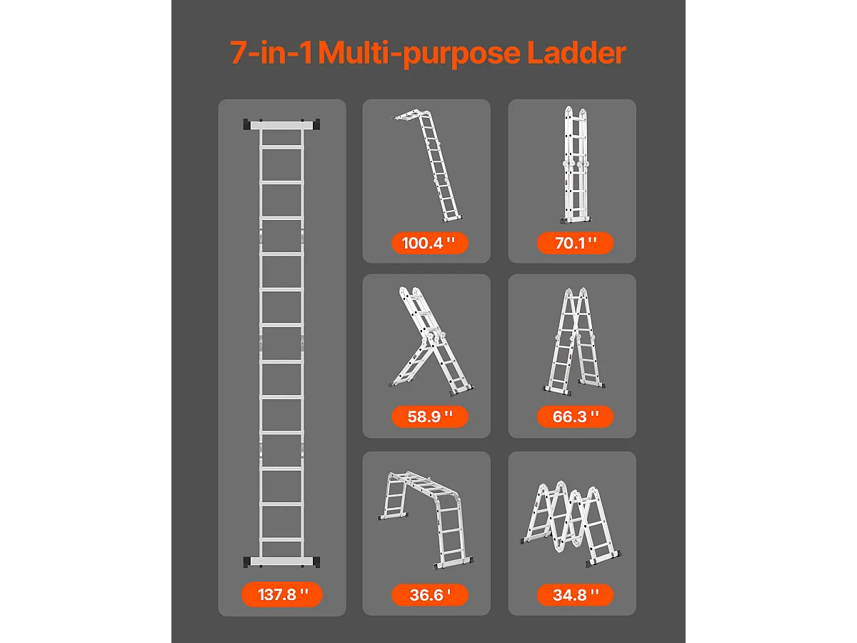 Échelle Pliante Polyvalente SucceBuy 7 en 1, 3 Marches, Hauteur de Portée de 3,5 m, pour le Travail