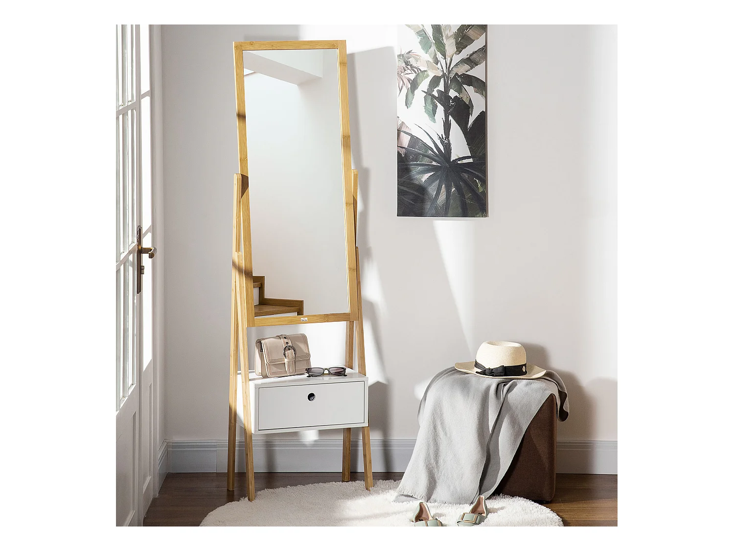 Miroir sur pied avec rangement tiroir en bambou et MDF - dim. 45L x 30l x 160H cm - blanc et naturel