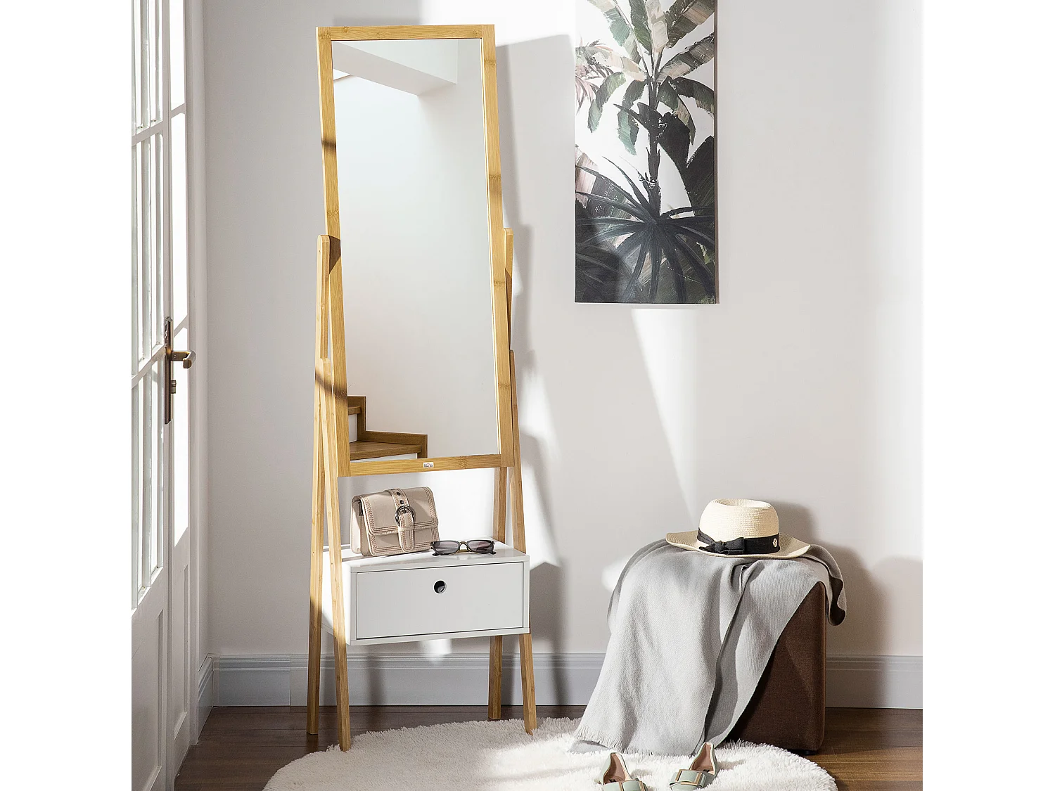 Miroir sur pied avec rangement tiroir en bambou et MDF - dim. 45L x 30l x 160H cm - blanc et naturel