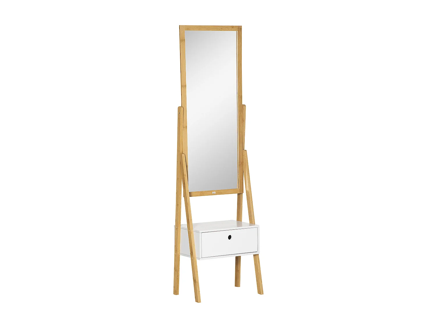 Miroir sur pied avec rangement tiroir en bambou et MDF - dim. 45L x 30l x 160H cm - blanc et naturel