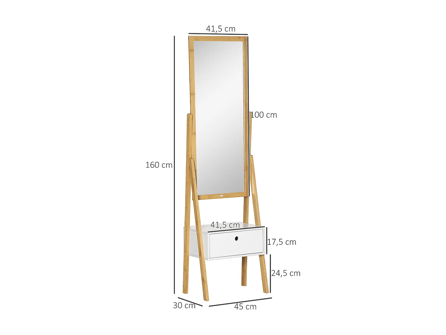 Miroir sur pied avec rangement tiroir en bambou et MDF - dim. 45L x 30l x 160H cm - blanc et naturel