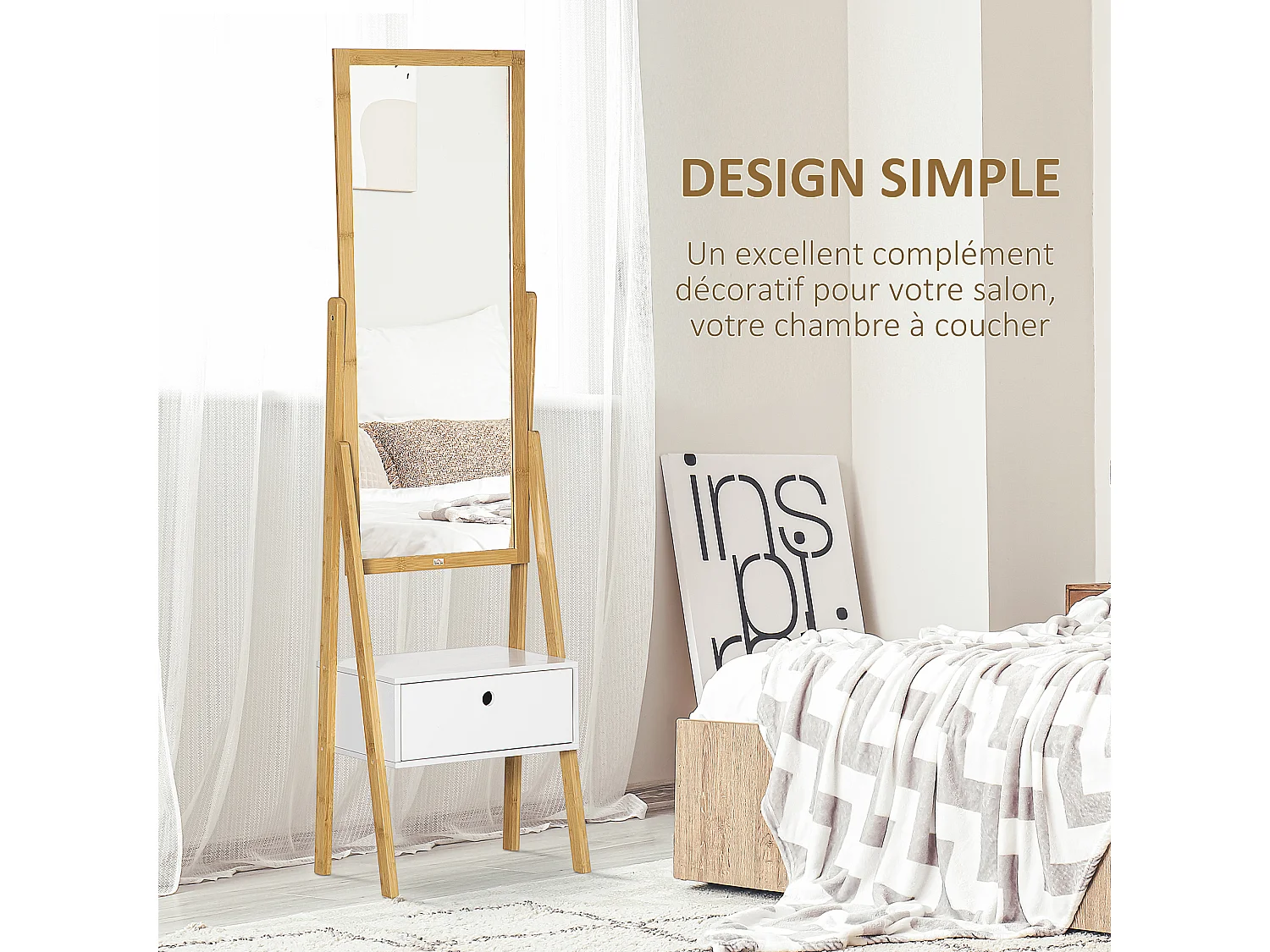 Miroir sur pied avec rangement tiroir en bambou et MDF - dim. 45L x 30l x 160H cm - blanc et naturel