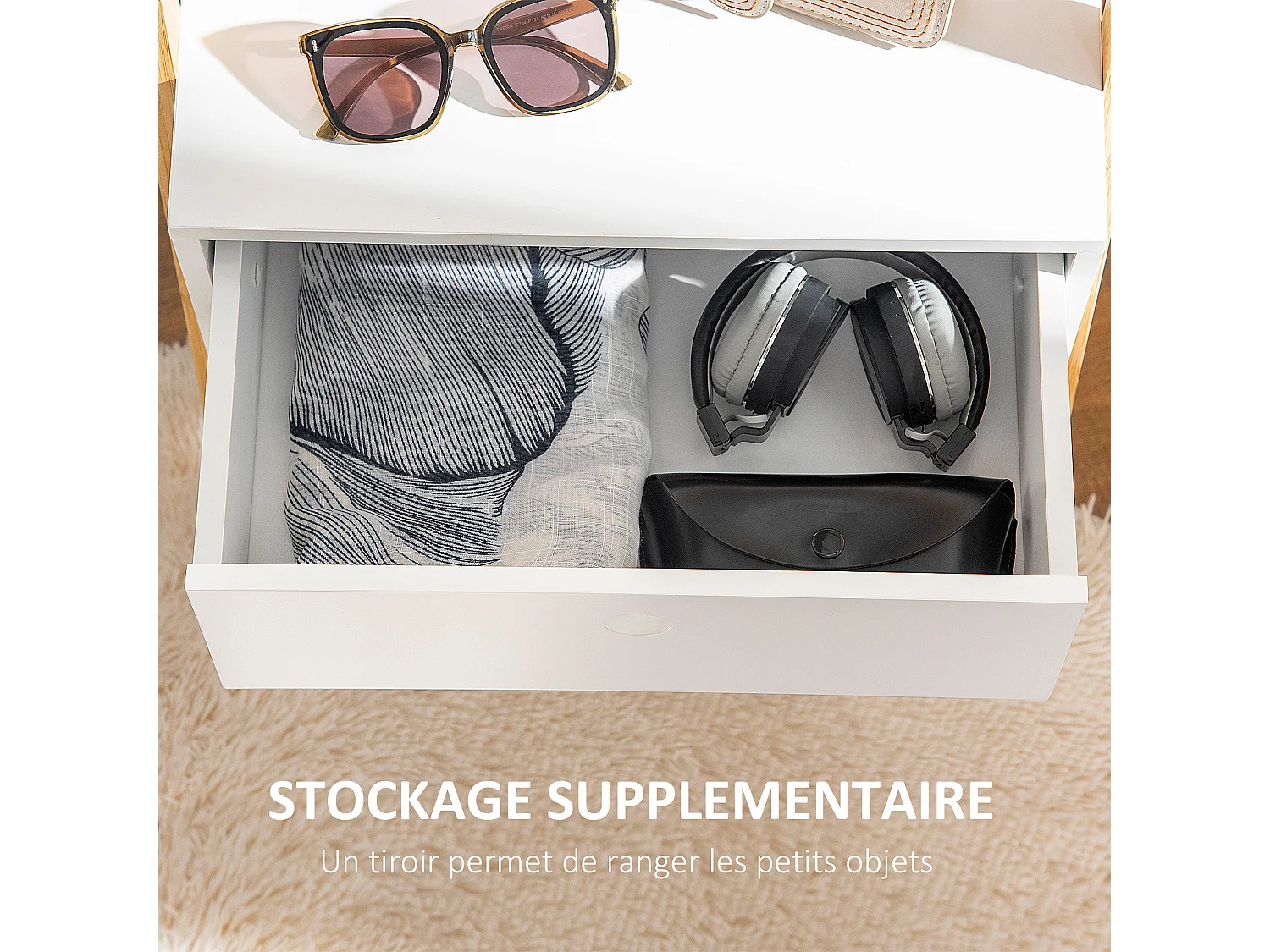 Miroir sur pied avec rangement tiroir en bambou et MDF - dim. 45L x 30l x 160H cm - blanc et naturel