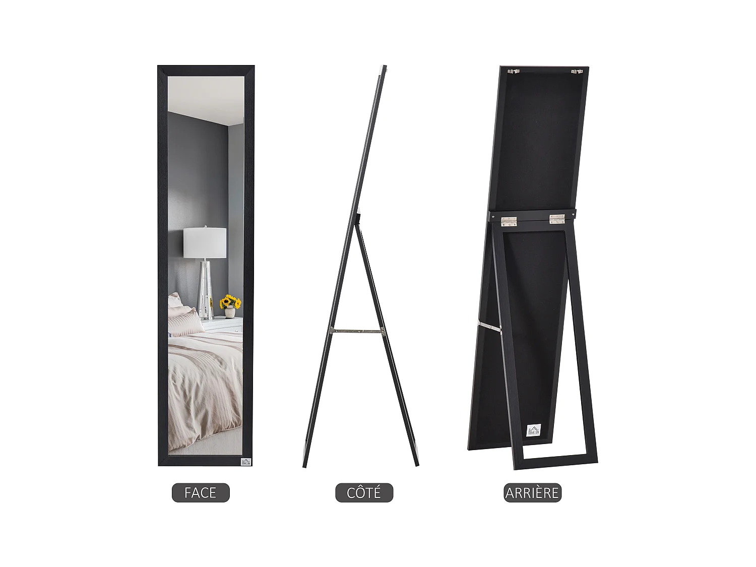 Miroir sur pied et mural rectangulaire dim. 37L x 48l x 152H cm noir