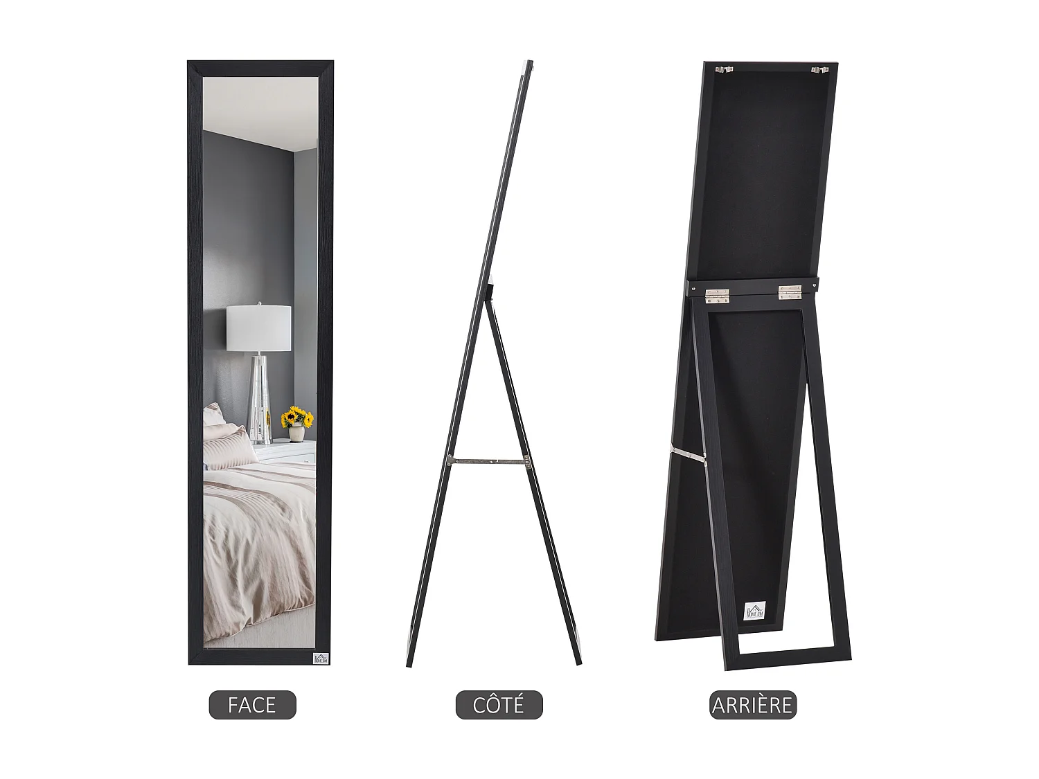 Miroir sur pied et mural rectangulaire dim. 37L x 48l x 152H cm noir