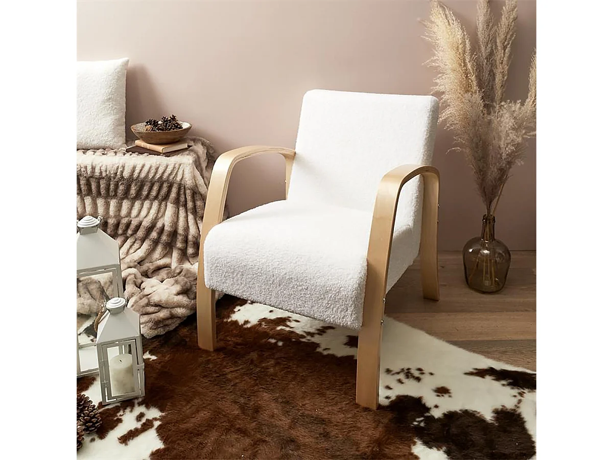 KAUPA - Fauteuil en Tissu Bouclettes Blanc Accoudoirs Bois