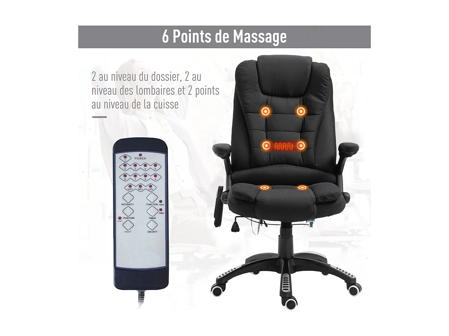 Fauteuil de bureau direction massant chauffant hauteur réglable dossier inclinable toile de lin noir