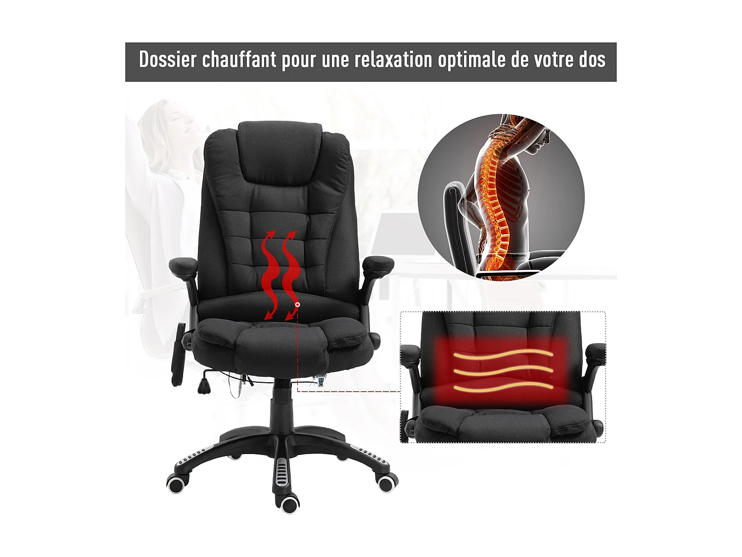 Fauteuil de bureau direction massant chauffant hauteur réglable dossier inclinable toile de lin noir