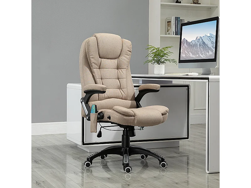 Fauteuil de bureau direction massant chauffant hauteur réglable dossier inclinable toile de lin beige