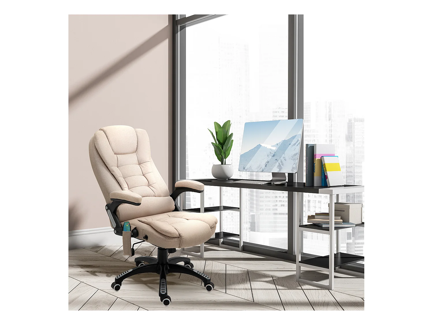 Fauteuil de bureau direction massant chauffant hauteur réglable dossier inclinable toile de lin beige
