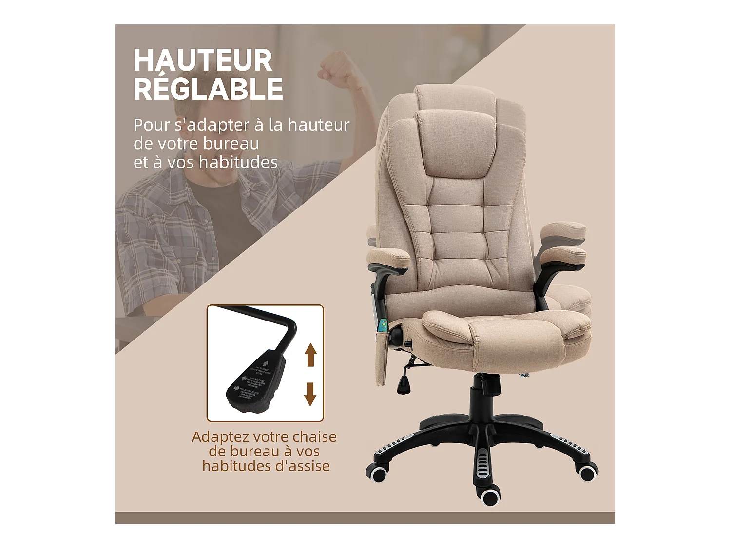 Fauteuil de bureau direction massant chauffant hauteur réglable dossier inclinable toile de lin beige