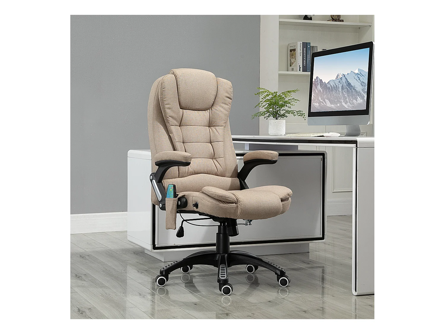 Fauteuil de bureau direction massant chauffant hauteur réglable dossier inclinable toile de lin beige
