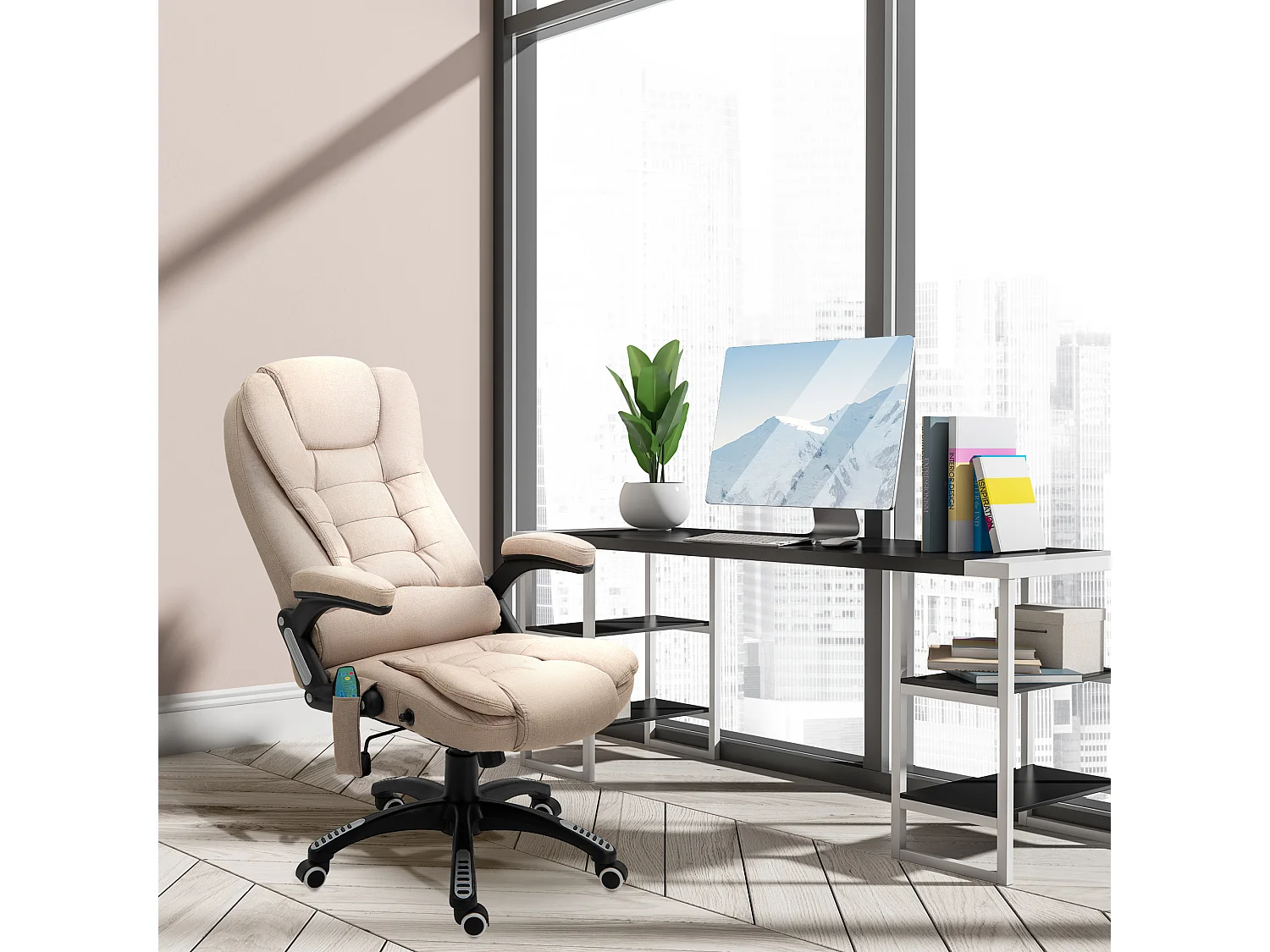 Fauteuil de bureau direction massant chauffant hauteur réglable dossier inclinable toile de lin beige