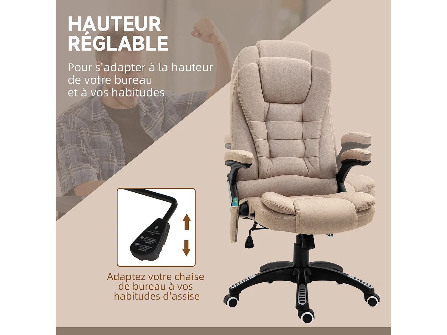 Fauteuil de bureau direction massant chauffant hauteur réglable dossier inclinable toile de lin beige