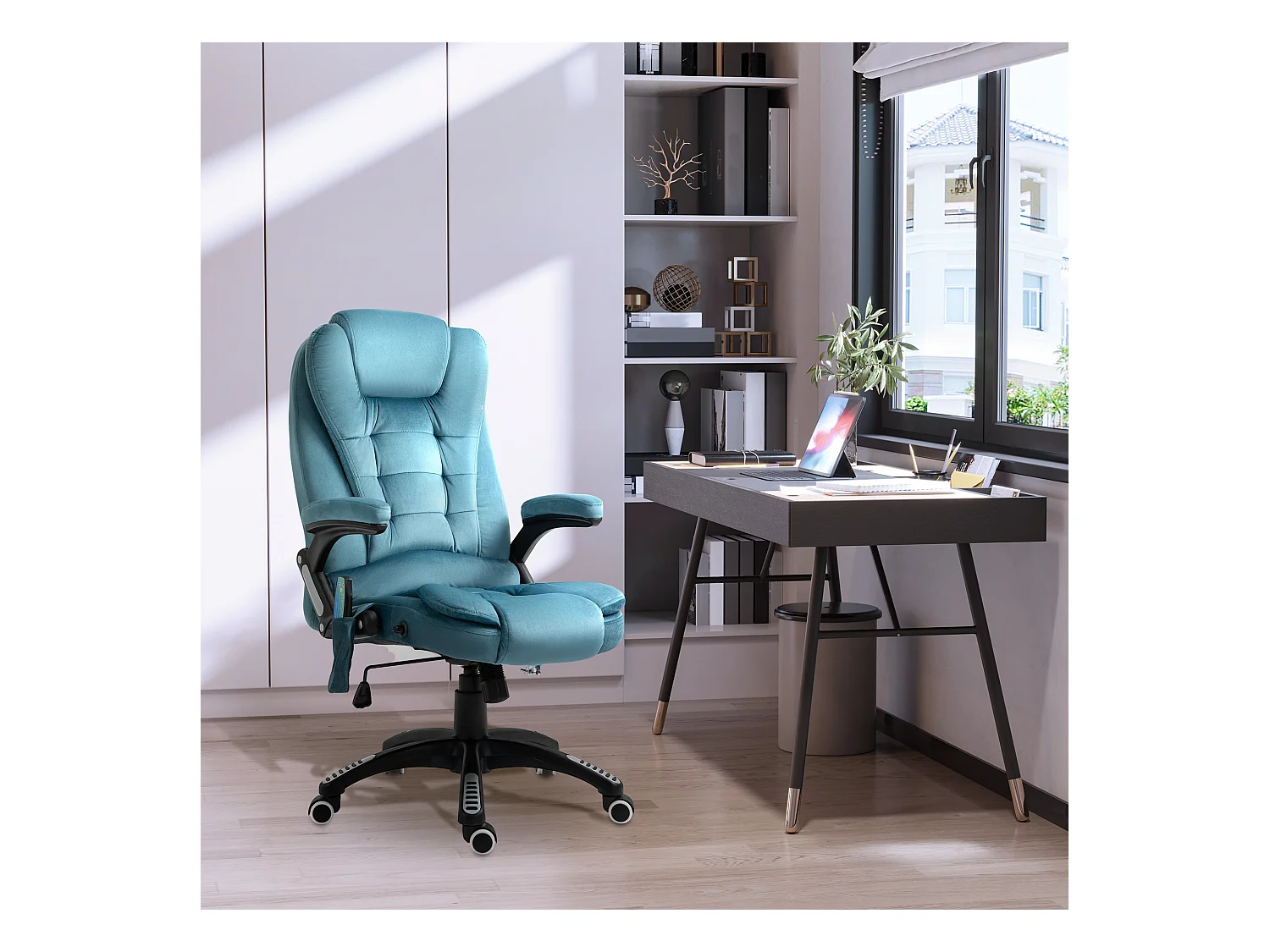 Fauteuil de bureau direction massant chauffant hauteur réglable dossier inclinable toile de lin bleu