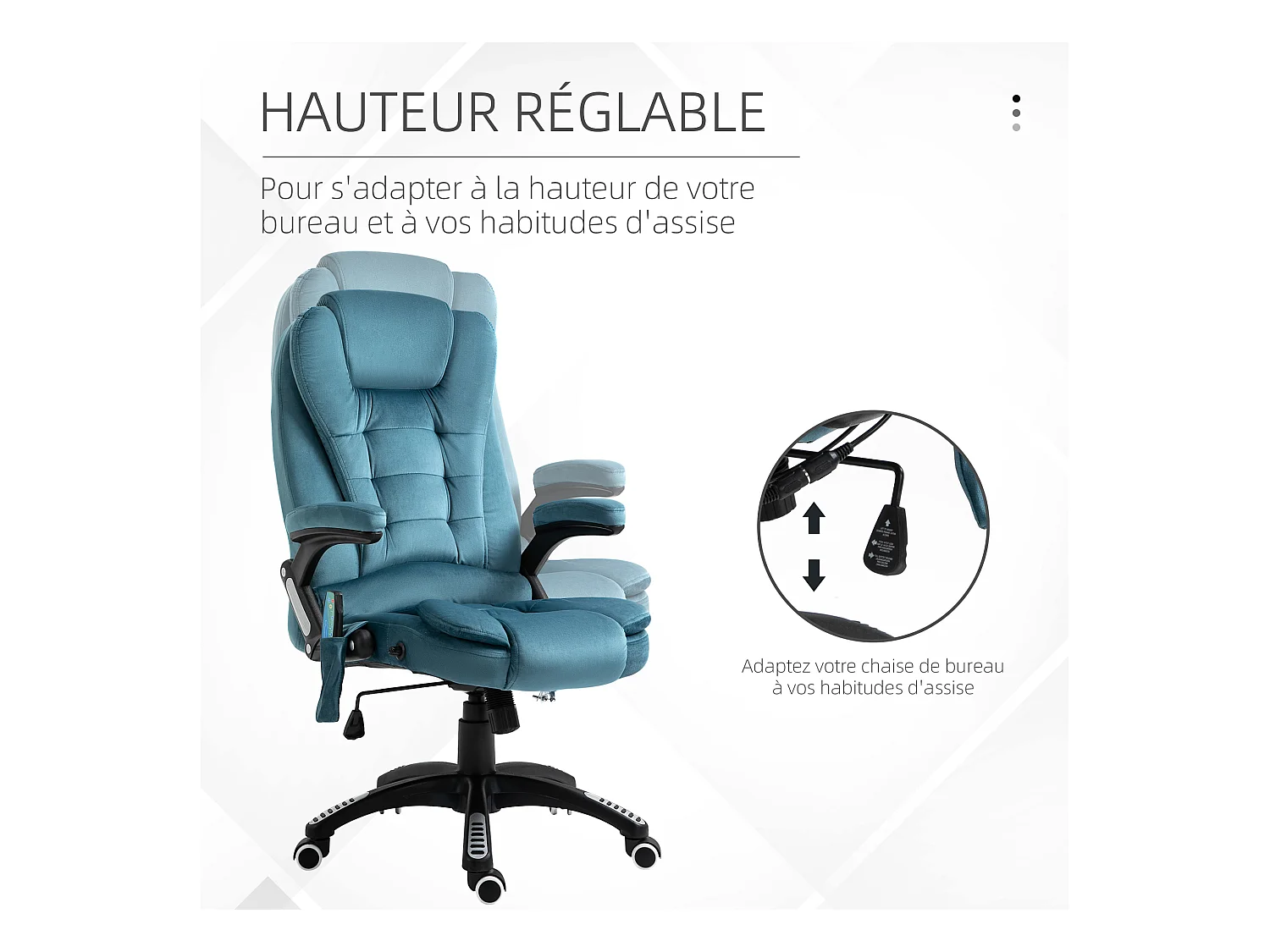 Fauteuil de bureau direction massant chauffant hauteur réglable dossier inclinable toile de lin bleu