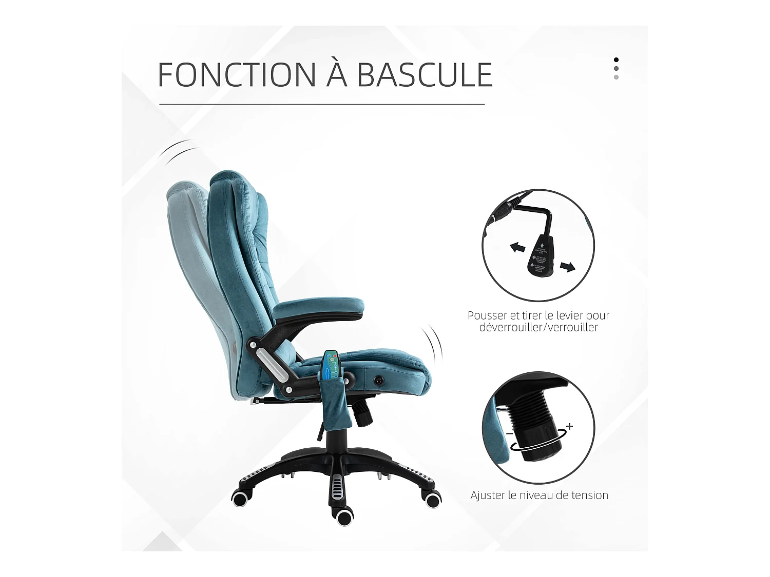 Fauteuil de bureau direction massant chauffant hauteur réglable dossier inclinable toile de lin bleu