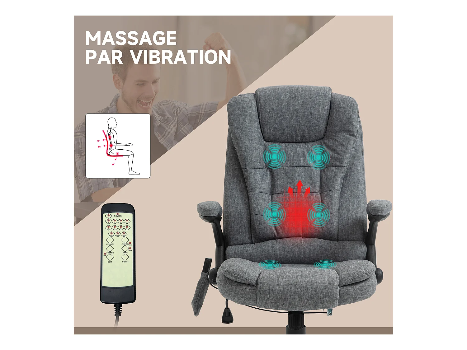 Fauteuil de bureau direction massant chauffant hauteur réglable dossier inclinable toile de lin gris chiné