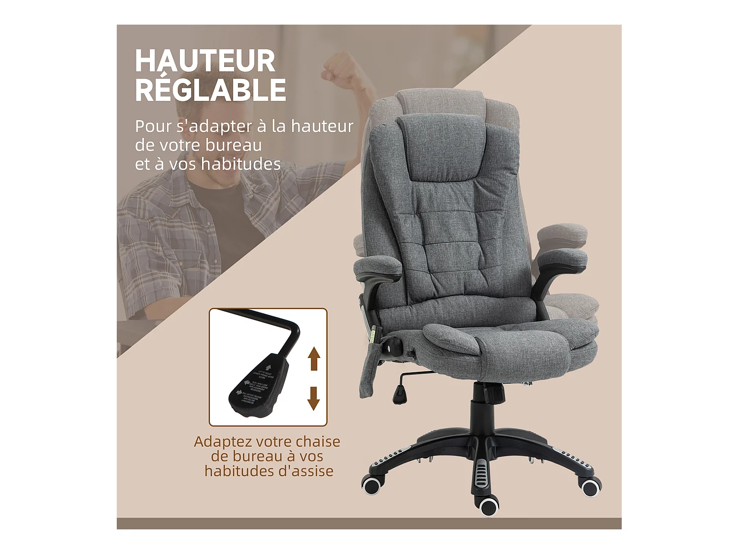 Fauteuil de bureau direction massant chauffant hauteur réglable dossier inclinable toile de lin gris chiné