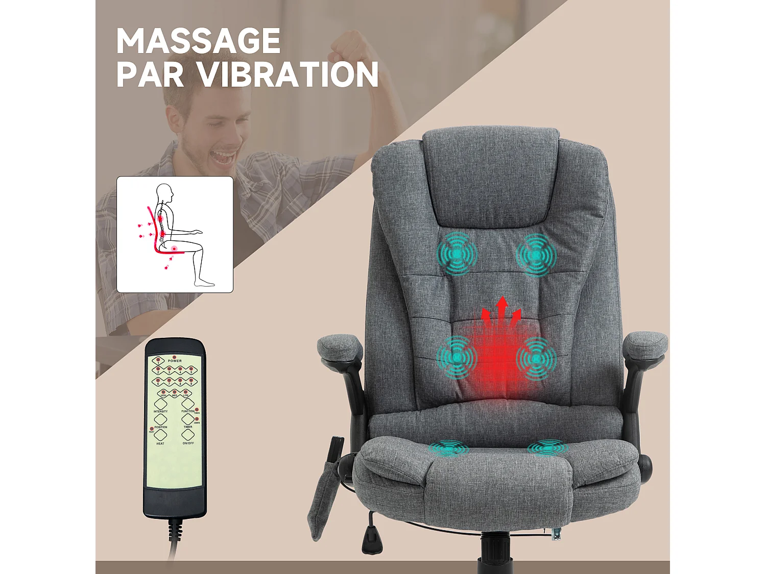 Fauteuil de bureau direction massant chauffant hauteur réglable dossier inclinable toile de lin gris chiné