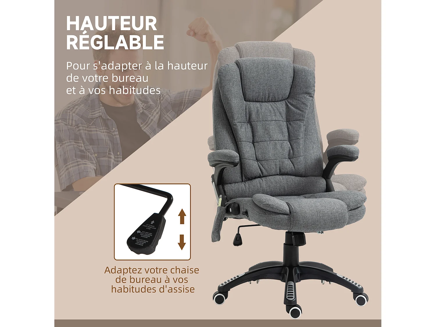 Fauteuil de bureau direction massant chauffant hauteur réglable dossier inclinable toile de lin gris chiné