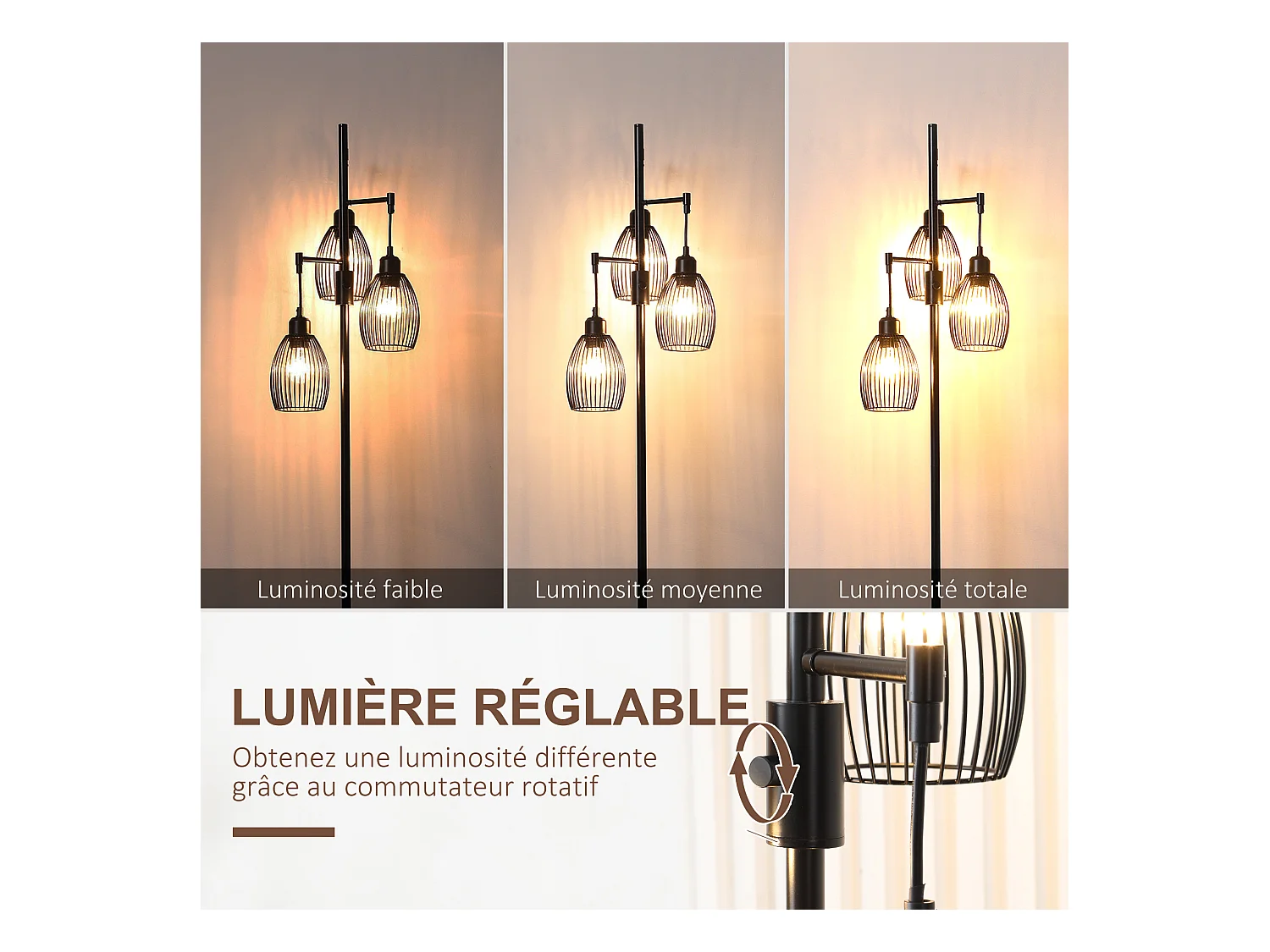 Lampadaire design industriel 3 têtes 40 W max. luminosité réglable métal filaire acier noir