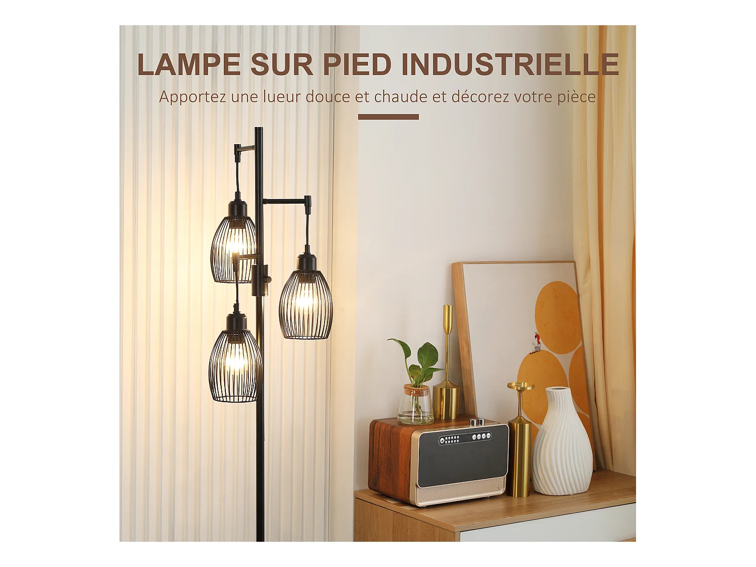 Lampadaire design industriel 3 têtes 40 W max. luminosité réglable métal filaire acier noir