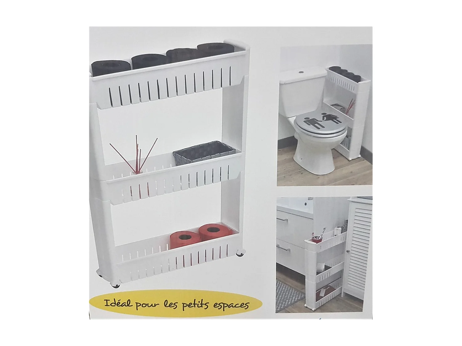 Meuble de rangement Blanc Multifonction 3 Niveaux sur roulettes H 72 cm