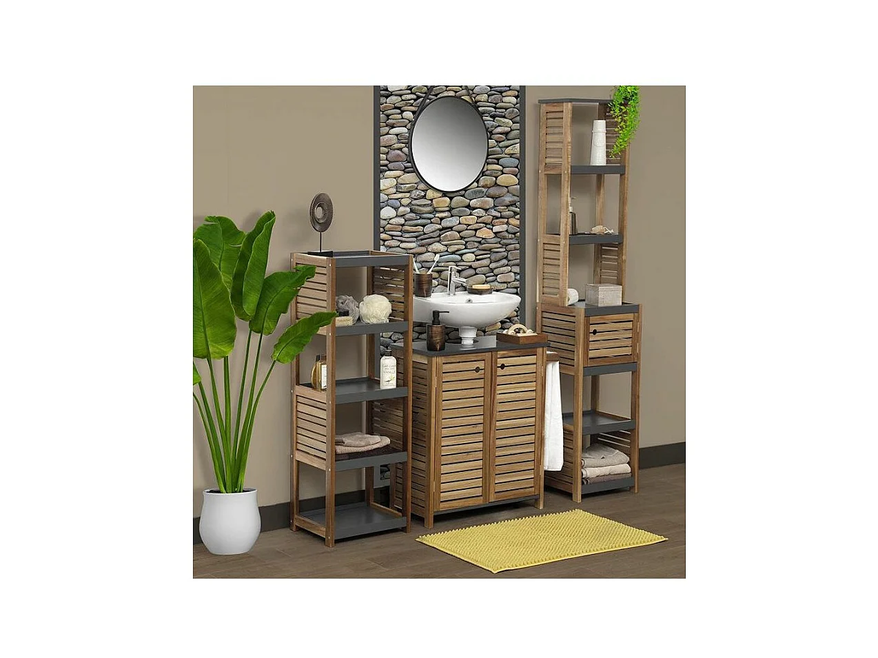 Meuble Colonne de rangement 1 Porte et 5 Étagères H 170 cm -  Acacia