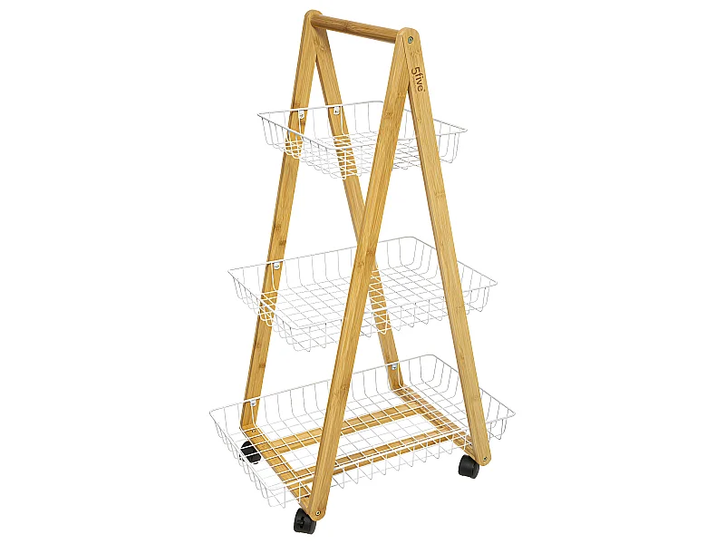 Desserte roulante 3 Niveaux en Bambou et Métal Blanc H 88 cm