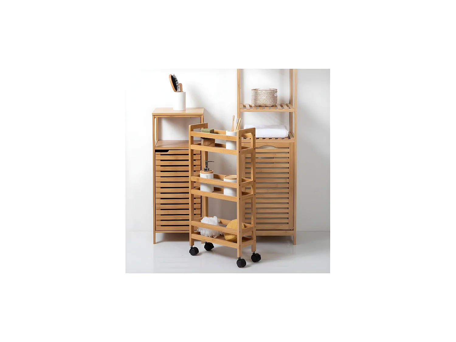 Desserte de Salle de bain sur roues 3 Niveaux en Bambou