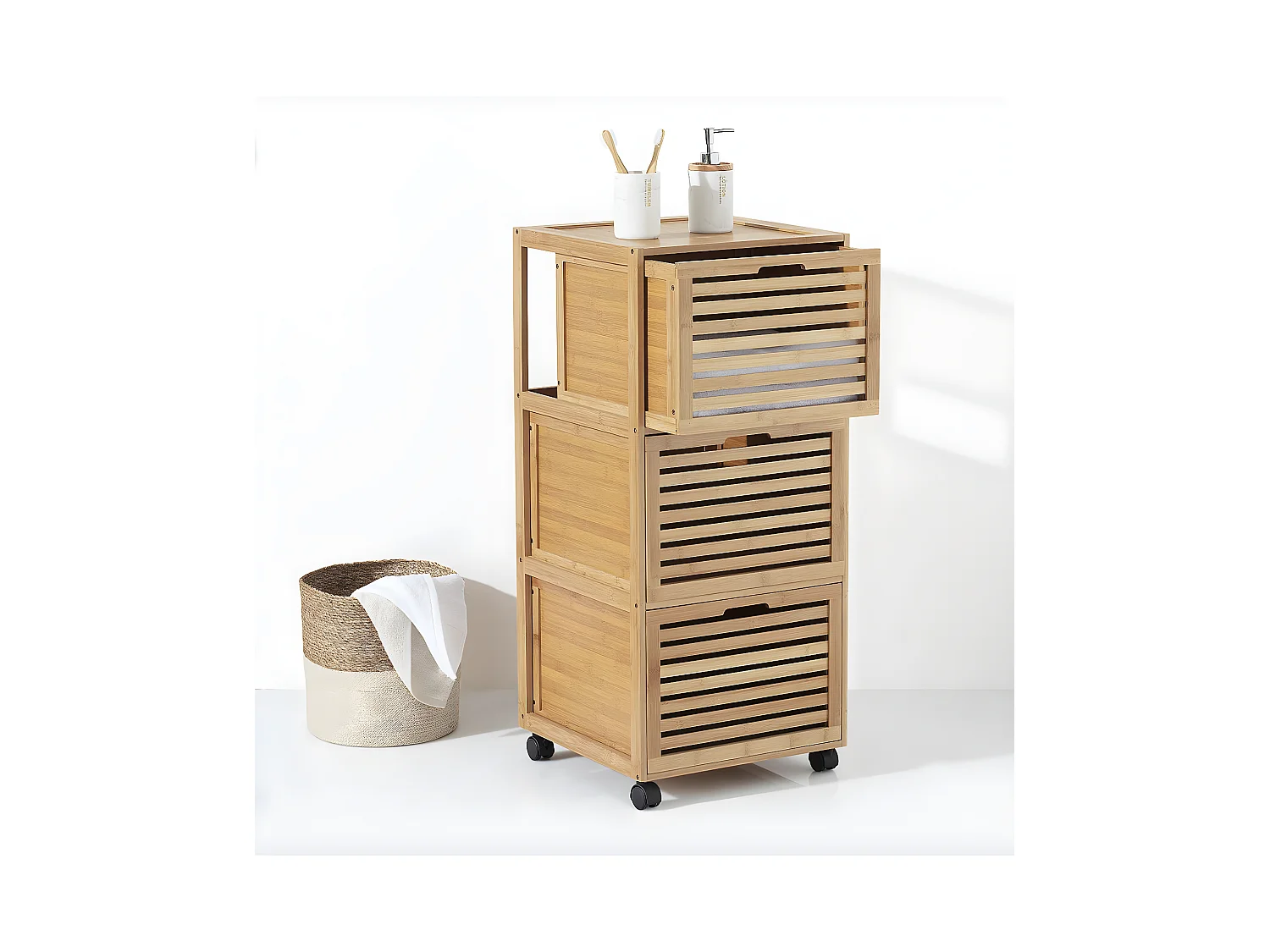 Meuble de rangement roulant 3 tiroirs en Bambou