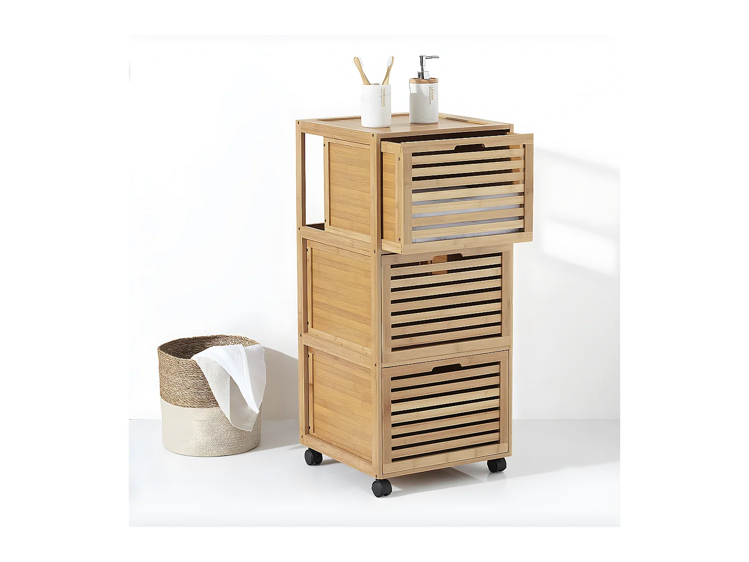 Meuble de rangement roulant 3 tiroirs en Bambou