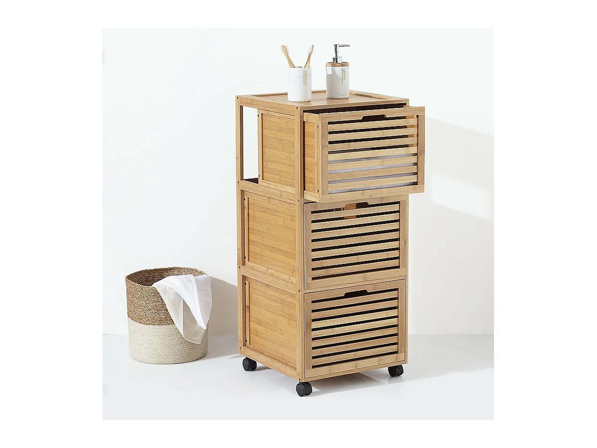 Meuble de rangement roulant 3 tiroirs en Bambou