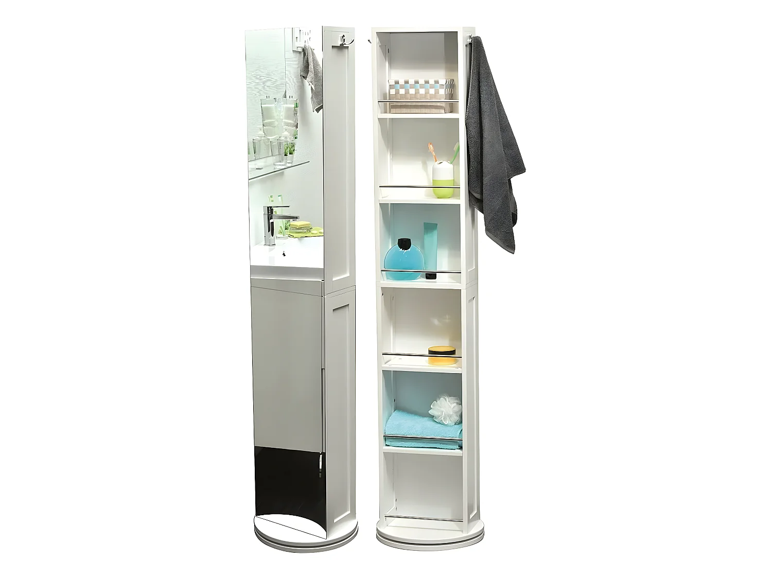 Colonne Pivotante de Salle de Bain 6 Niches 2 Miroirs et 2 Patères H 169.50 cm