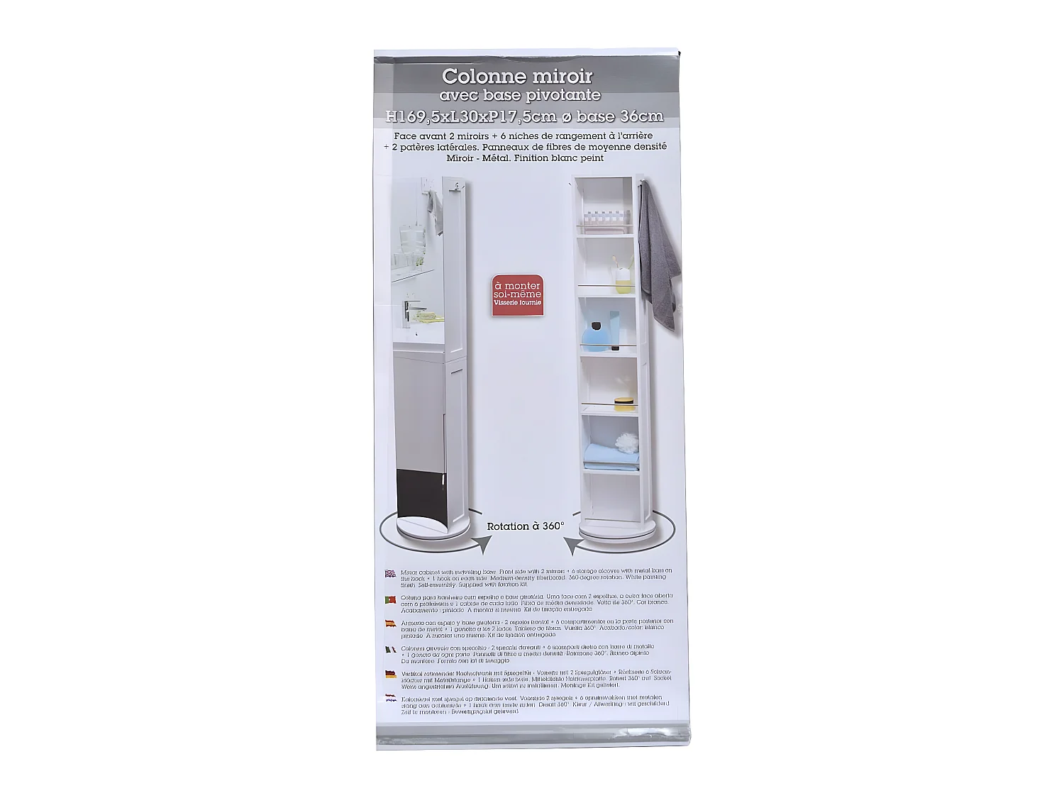 Colonne Pivotante de Salle de Bain 6 Niches 2 Miroirs et 2 Patères H 169.50 cm