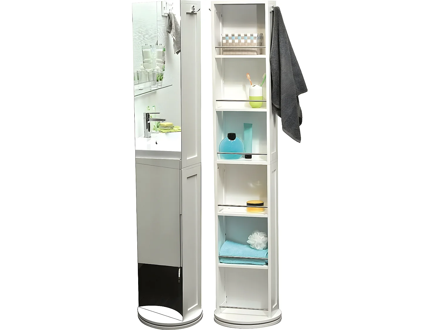 Colonne Pivotante de Salle de Bain 6 Niches 2 Miroirs et 2 Patères H 169.50 cm