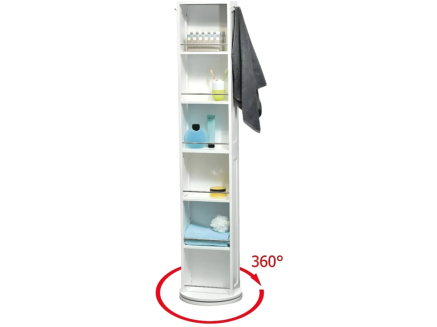 Colonne Pivotante de Salle de Bain 6 Niches 2 Miroirs et 2 Patères H 169.50 cm