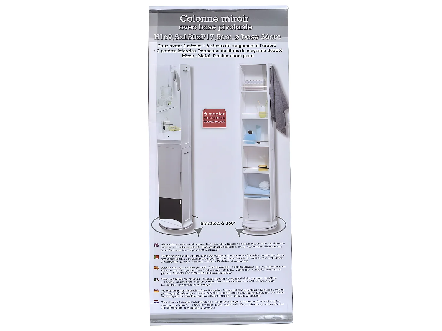 Colonne Pivotante de Salle de Bain 6 Niches 2 Miroirs et 2 Patères H 169.50 cm