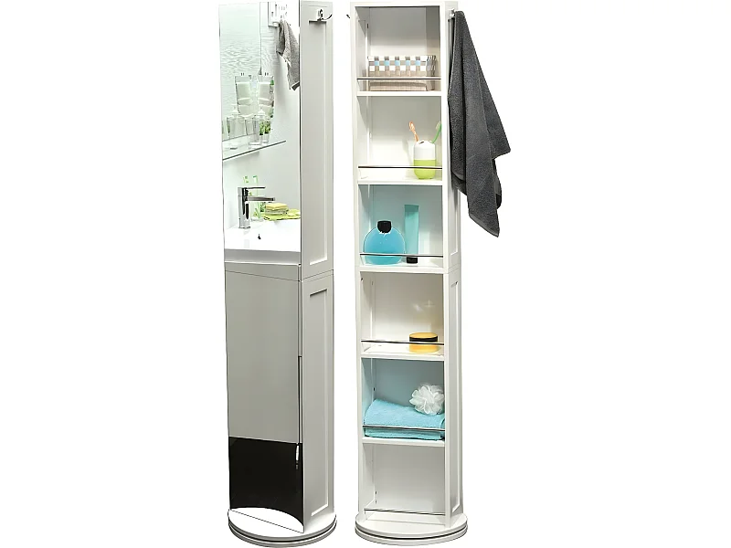 Colonne Pivotante de Salle de Bain 6 Niches 2 Miroirs et 2 Patères H 169.50 cm