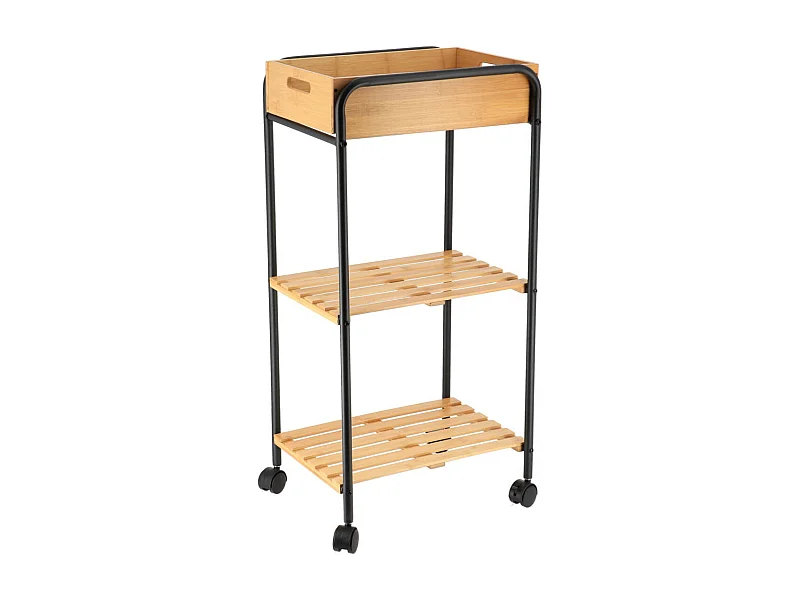 Desserte roulante 3 niveaux en Bambou et Métal Noir H 80 cm