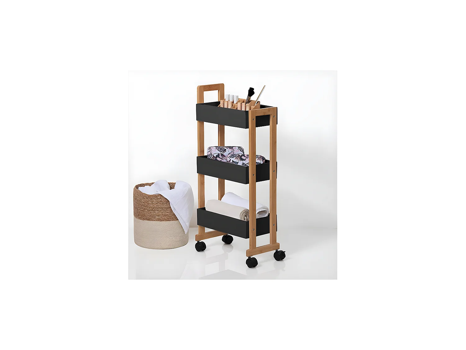 Desserte roulante 3 niveaux en Bambou et Bois Noir H 80 cm