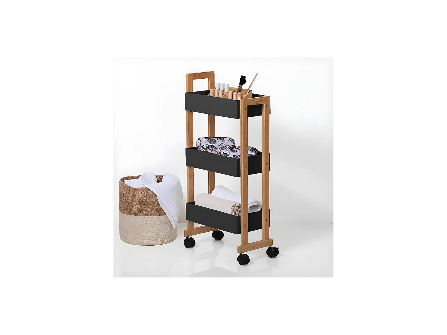 Desserte roulante 3 niveaux en Bambou et Bois Noir H 80 cm