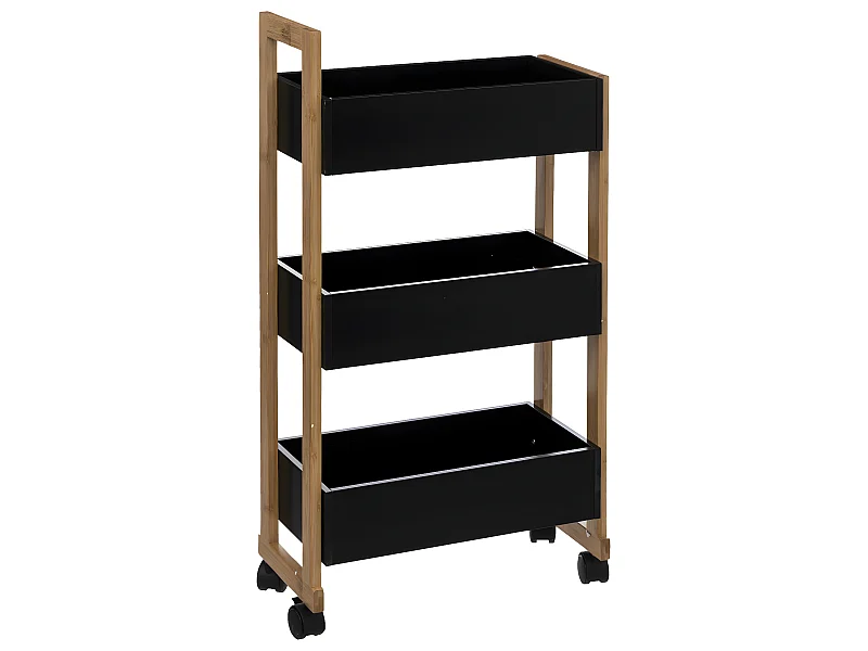 Desserte roulante 3 niveaux en Bambou et Bois Noir H 80 cm