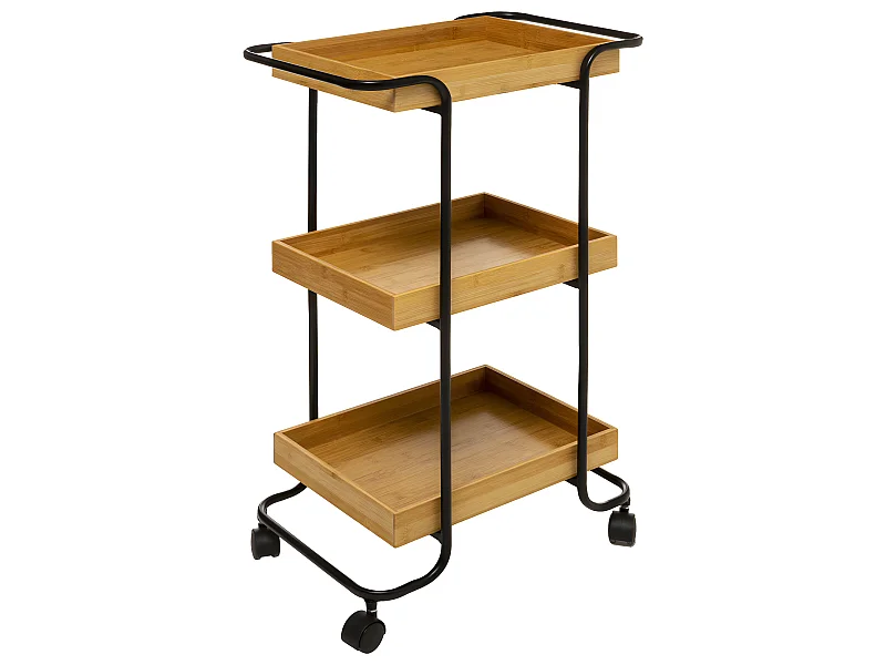 Desserte roulante 3 Niveaux en métal noir et bambou
