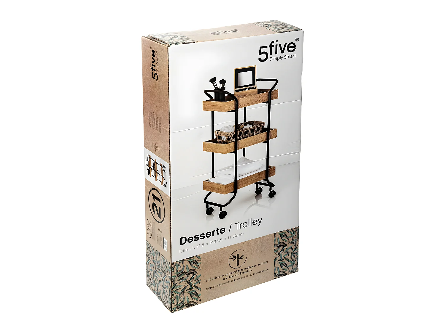 Desserte roulante 3 Niveaux en métal noir et bambou